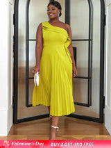 AOMEI One Shoulder Light Green Pleated Dresses Midi