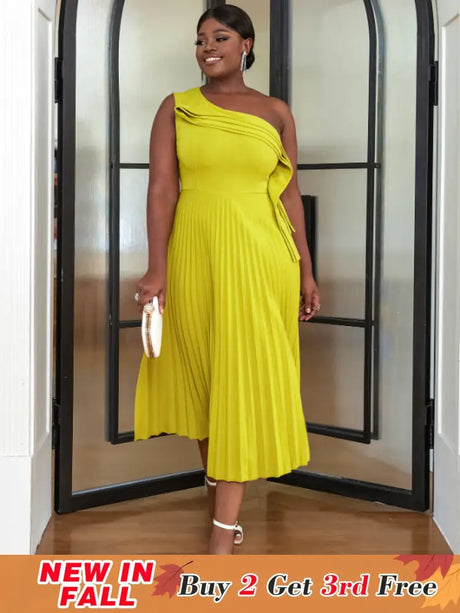 AOMEI One Shoulder Light Green Pleated Dresses Midi