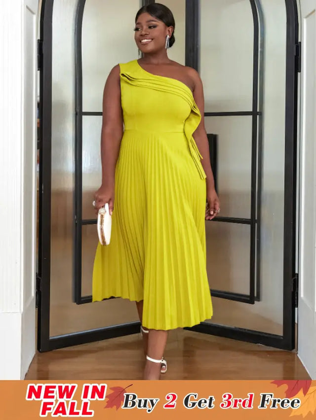 AOMEI One Shoulder Light Green Pleated Dresses Midi