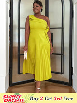AOMEI One Shoulder Light Green Pleated Dresses Midi