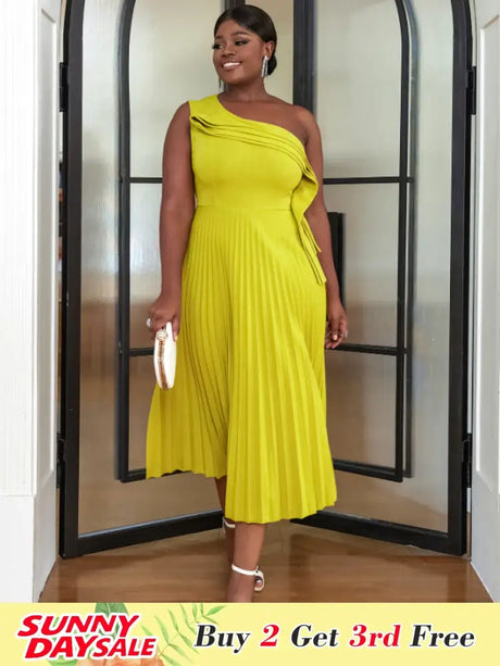 AOMEI One Shoulder Light Green Pleated Dresses Midi