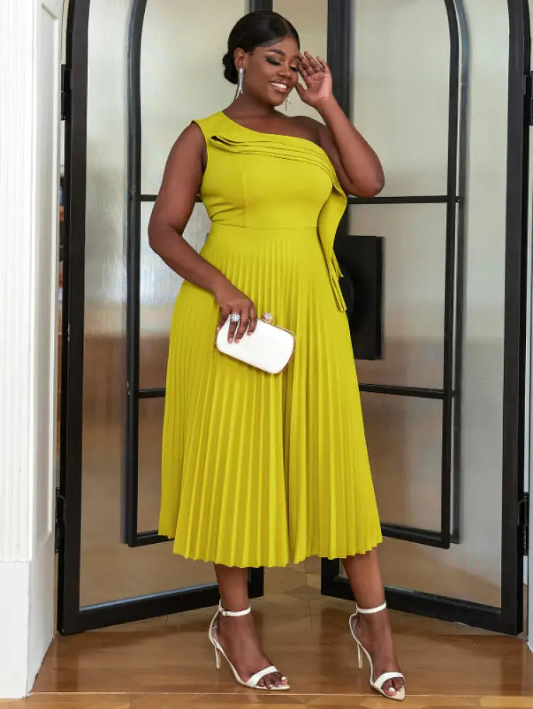 AOMEI One Shoulder Light Green Pleated Dresses Midi