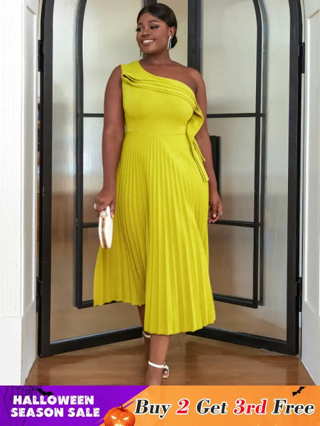 AOMEI One Shoulder Light Green Pleated Dresses Midi