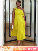 AOMEI One Shoulder Light Green Pleated Dresses Midi
