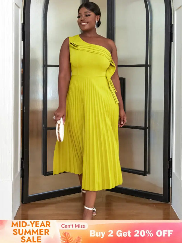 AOMEI One Shoulder Light Green Pleated Dresses Midi
