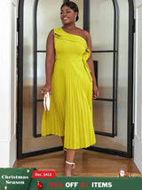 AOMEI One Shoulder Light Green Pleated Dresses Midi