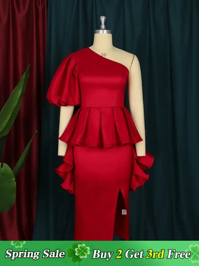 AOMEI One Shoulder Puff Sleeve Ruffles Birthday Midi Dresses Red / S