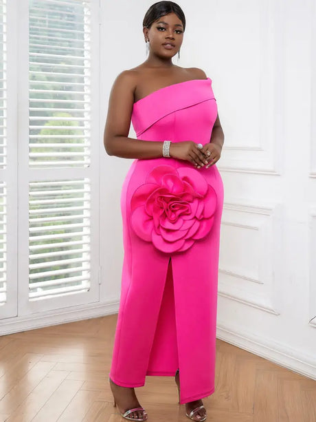 AOMEI One Shoulder Rose 3D Floral Evening Gown Maxi