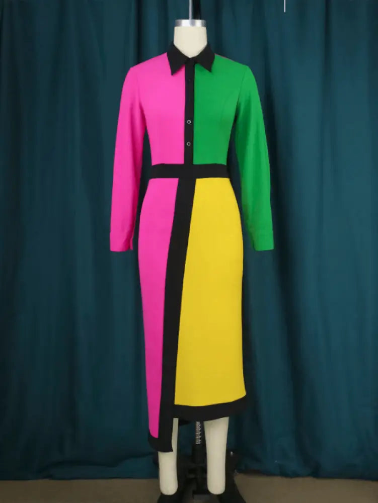 Aomei  Patchwork Long Dress For Office Ladies