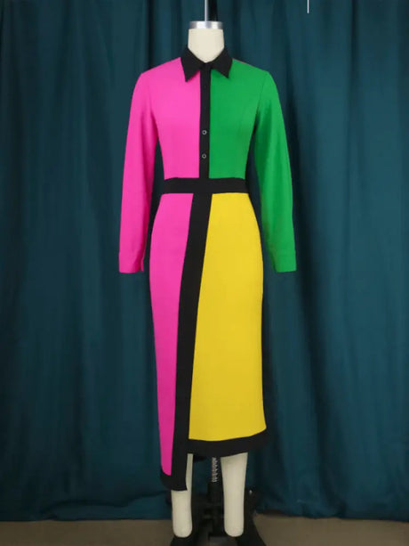Aomei  Patchwork Long Dress For Office Ladies