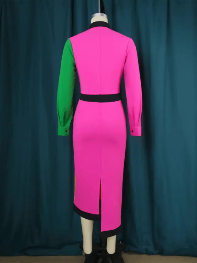 Aomei  Patchwork Long Dress For Office Ladies