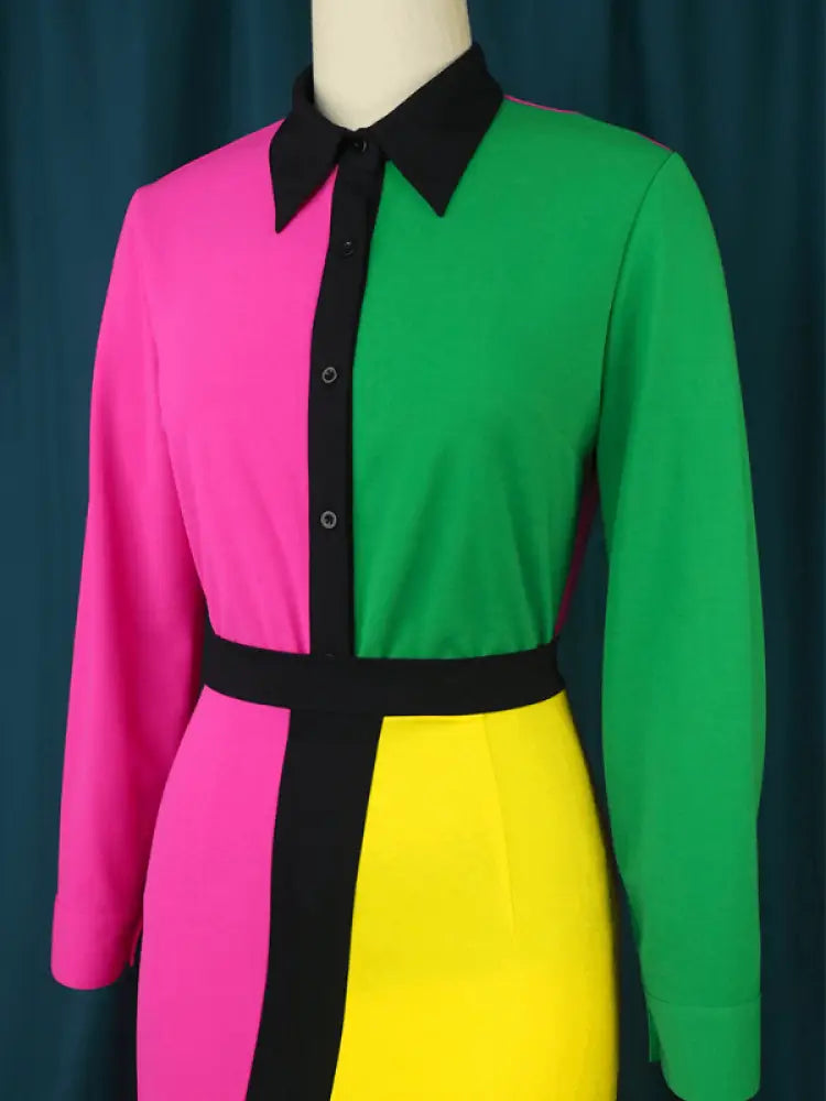 Aomei  Patchwork Long Dress For Office Ladies