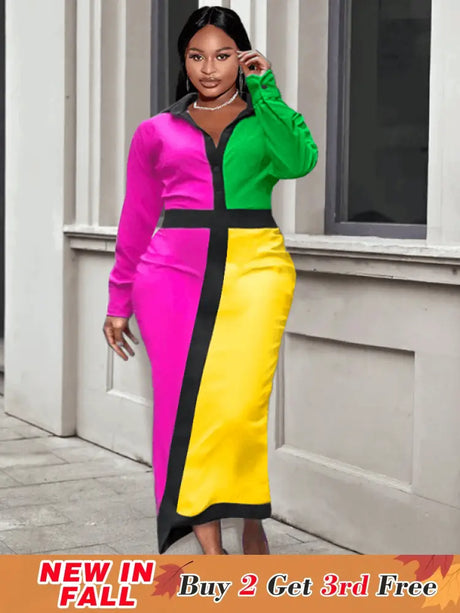 Aomei  Patchwork Long Dress For Office Ladies