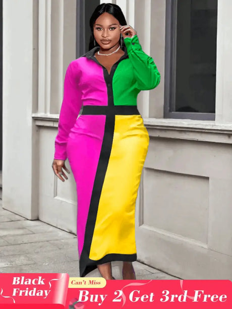 Aomei  Patchwork Long Dress For Office Ladies