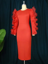 AOMEI Patchwork Ruffle Red Midi Bodycon Christmas Dress