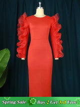 AOMEI Patchwork Ruffle Red Midi Bodycon Christmas Dress Red / S