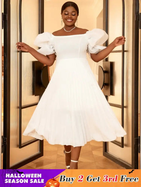 AOMEI Pleated Off Shoulder Puff Sleeve A Line Dresses Midi