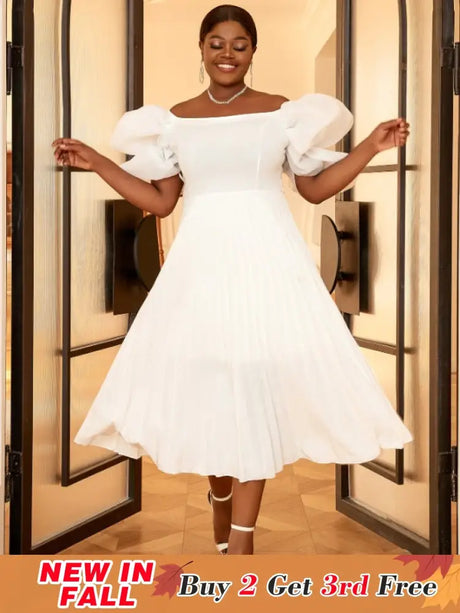 AOMEI Pleated Off Shoulder Puff Sleeve A Line Dresses Midi