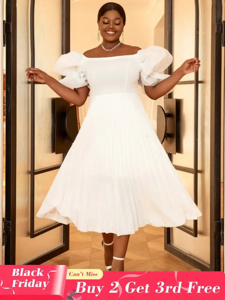 AOMEI Pleated Off Shoulder Puff Sleeve A Line Dresses Midi