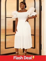 AOMEI Pleated Off Shoulder Puff Sleeve A Line Dresses Midi White / S