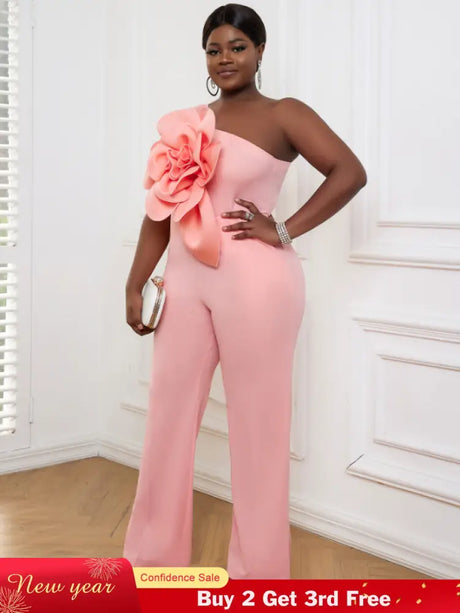 AOMEI Plus Size 3D Flower Jumpsuit One Shoulder