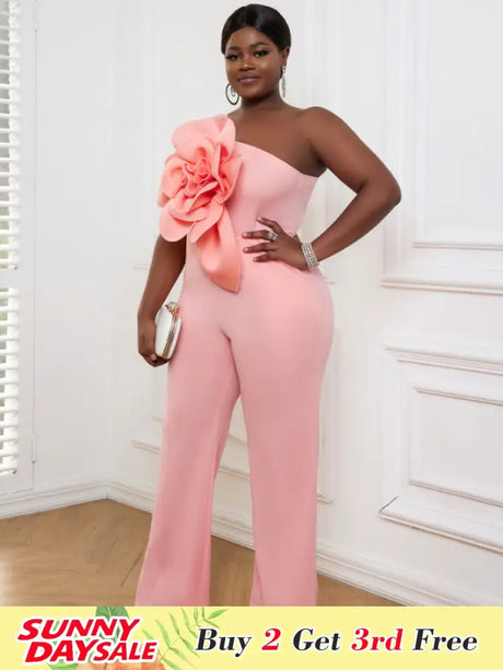 AOMEI Plus Size 3D Flower Jumpsuit One Shoulder