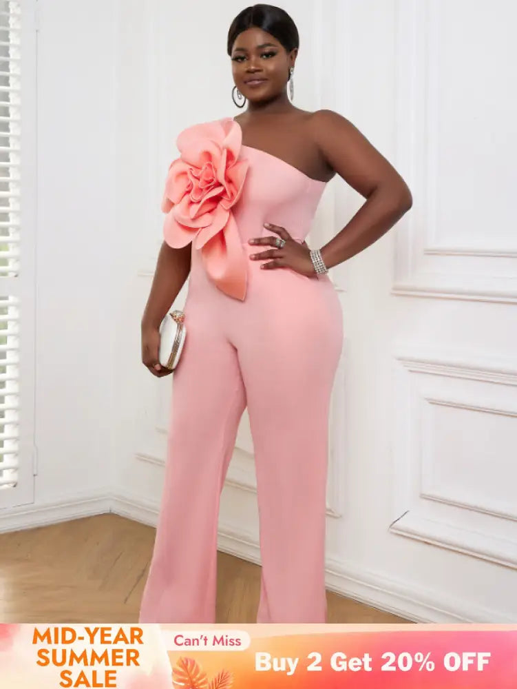 AOMEI Plus Size 3D Flower Jumpsuit One Shoulder