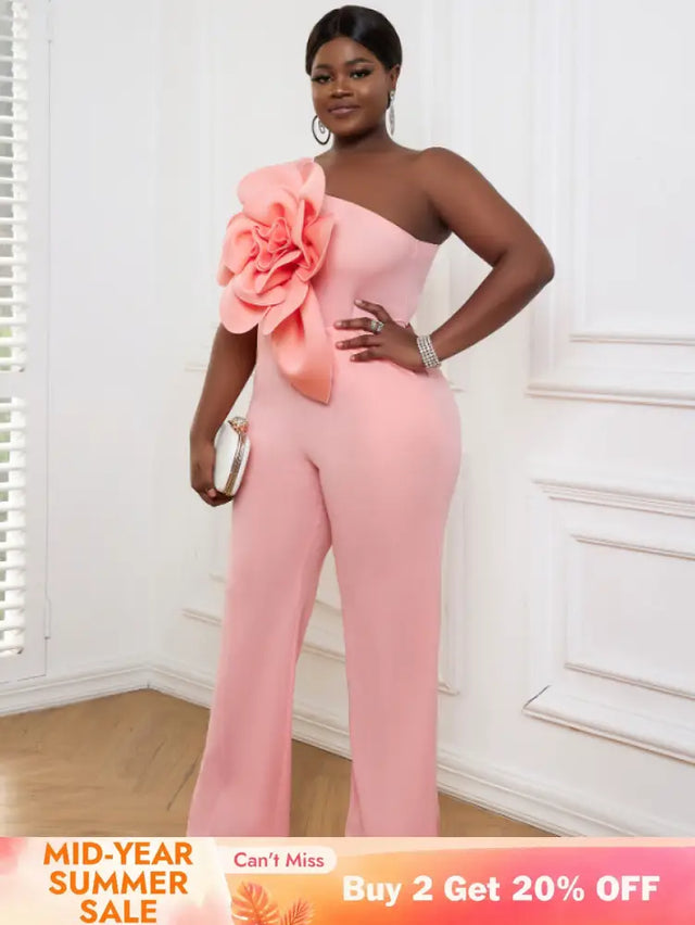 AOMEI Plus Size 3D Flower Jumpsuit One Shoulder