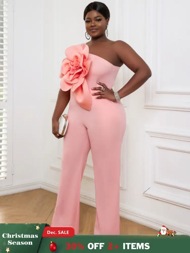 AOMEI Plus Size 3D Flower Jumpsuit One Shoulder