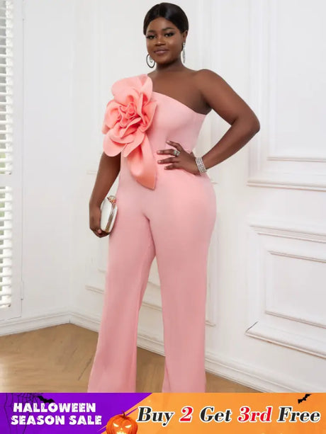AOMEI Plus Size 3D Flower Jumpsuit One Shoulder
