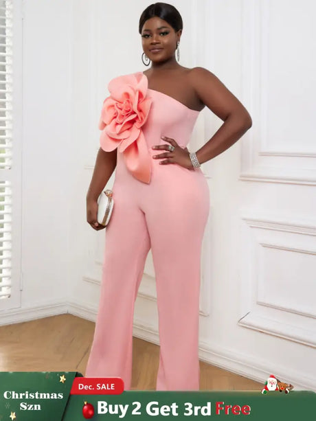 AOMEI Plus Size 3D Flower Jumpsuit One Shoulder