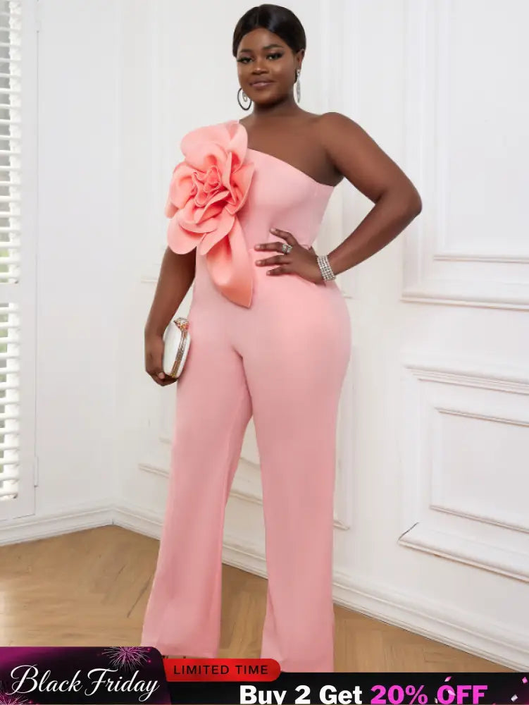 AOMEI Plus Size 3D Flower Jumpsuit One Shoulder
