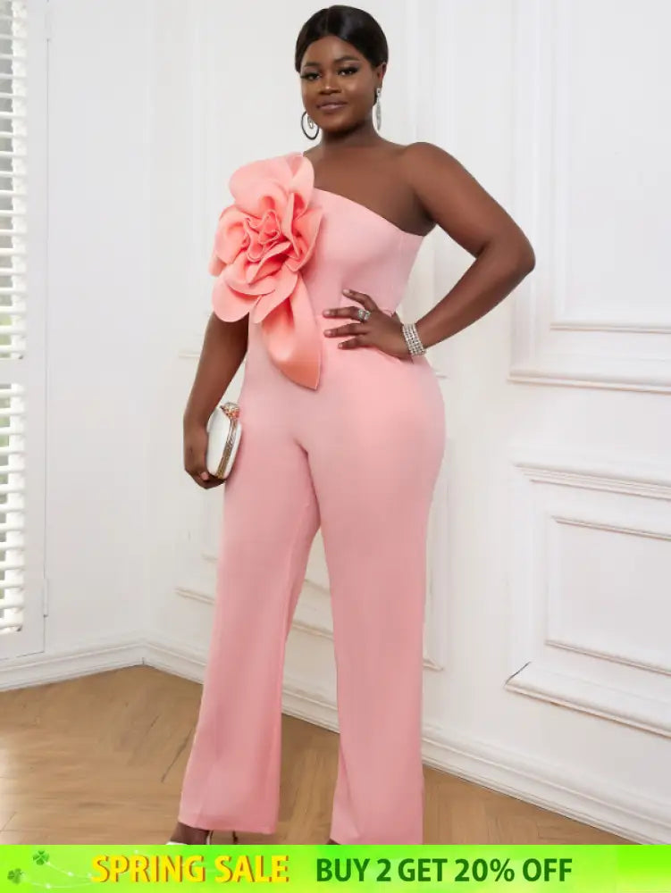 AOMEI Plus Size 3D Flower Jumpsuit One Shoulder
