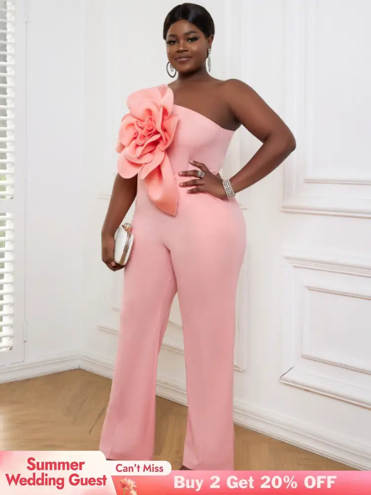 AOMEI Plus Size 3D Flower Jumpsuit One Shoulder