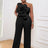 AOMEI Plus Size 3D Flower Jumpsuit One Shoulder Black / S