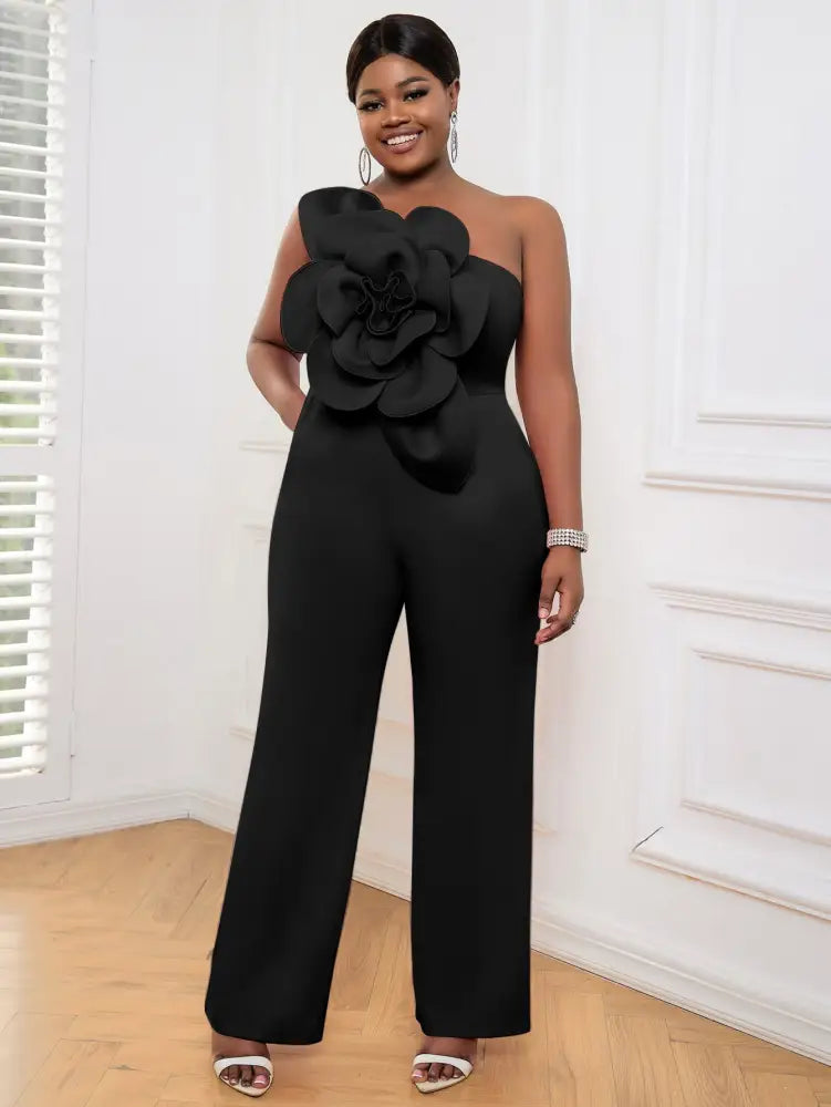 AOMEI Plus Size 3D Flower Jumpsuit One Shoulder Black / S