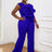 AOMEI Plus Size 3D Flower Jumpsuit One Shoulder Blue / S