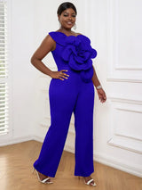 AOMEI Plus Size 3D Flower Jumpsuit One Shoulder Blue / S