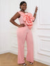 AOMEI Plus Size 3D Flower Jumpsuit One Shoulder Pink / S