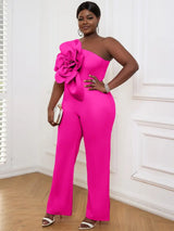 AOMEI Plus Size 3D Flower Jumpsuit One Shoulder Rose / S