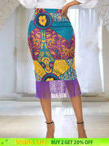 AOMEI Plus Size Floral Printed Tassel Skirts