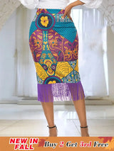 AOMEI Plus Size Floral Printed Tassel Skirts