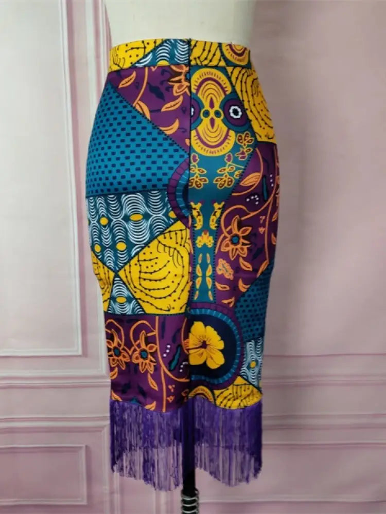 AOMEI Plus Size Floral Printed Tassel Skirts