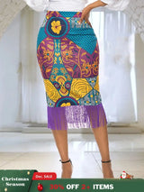 AOMEI Plus Size Floral Printed Tassel Skirts