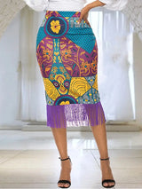 AOMEI Plus Size Floral Printed Tassel Skirts Print / S