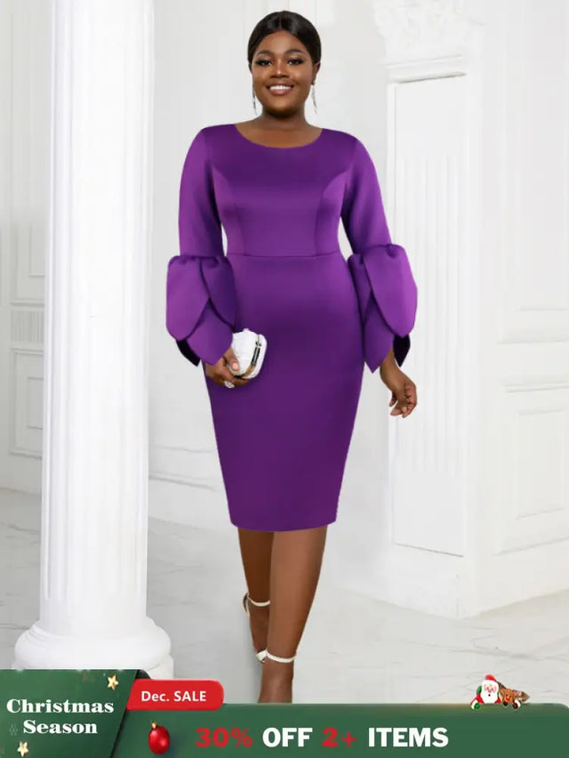 AOMEI Plus Size O Neck Long Sleeve Dress Purple / 1XL