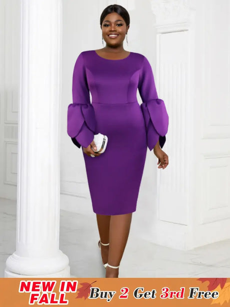 AOMEI Plus Size O Neck Long Sleeve Dress Purple / 1XL