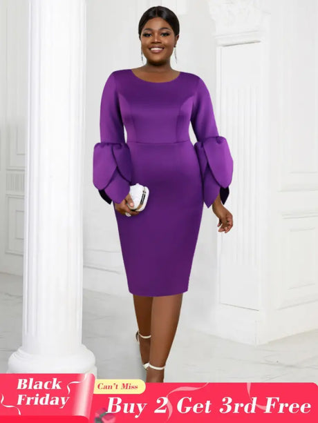 AOMEI Plus Size O Neck Long Sleeve Dress Purple / 1XL