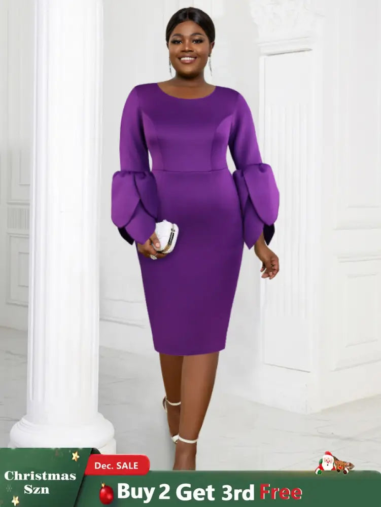 AOMEI Plus Size O Neck Long Sleeve Dress Purple / 1XL