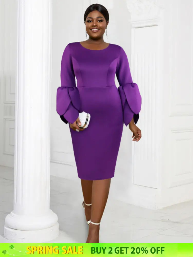 AOMEI Plus Size O Neck Long Sleeve Dress Purple / 1XL